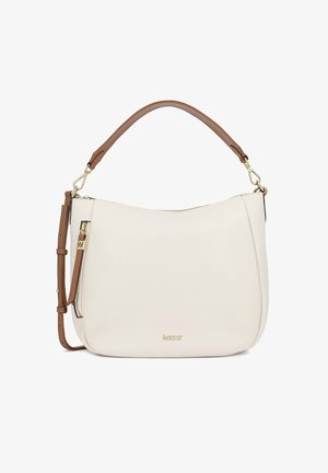 Geantă de umăr din piele crem, cu curea reglabilă maro, detalii cu fermoar auriu și sigla mică "kazar" în centrul din față.