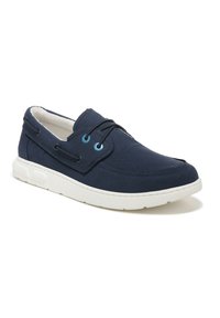 Marineblaue Leinenschiffsschuhe mit einer weißen Gummisohle, Schnürdesign und kontrastierenden blauen Metallösen. Verfügt über eine abgerundete Zehenform und ein weiches Futter.