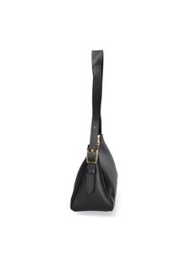 Borsa a tracolla in pelle nera con forma triangolare, superficie testurizzata e una sola tracolla. Presenta hardware e accenti in tonalità oro.