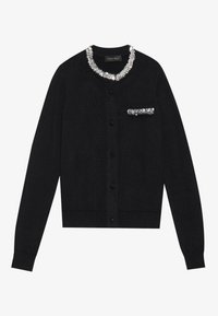 Czarny kardigan z okrągłym dekoltem, z cekinowym kołnierzem i detalami w kieszeniach. Żebrowane mankiety i dół, z zapięciem na guziki.