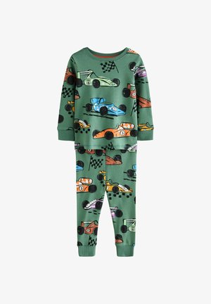 Groene katoenen pyjama set met kleurrijke cartoon raceautos en geblokte vlaggen, inclusief een langemouwen shirt en broek met elastische tailleband.