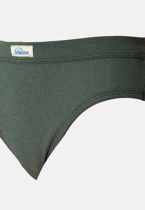 Dark green ribbed cotton brief with a soft waistband featuring a label. Smooth texture and seamless edges.