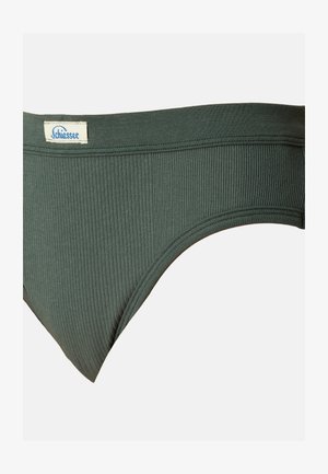 Dark green ribbed cotton brief with a soft waistband featuring a label. Smooth texture and seamless edges.