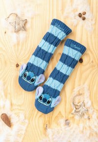 Blue and light blue striped socks featuring Stitch from Disney with a textured knit design and ear accents at the toe.