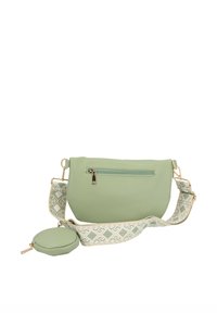 Borsa a tracolla in pelle verde texture con chiusura a zip, dotata di una tracolla regolabile con motivo e di un portamonete rotondo abbinato.