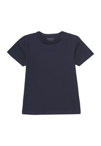 Navy blaue Baumwoll-T-Shirt mit kurzen Ärmeln, Rundhalsausschnitt und geradem Saum. Einfaches Design, glatte Textur und keine sichtbaren Muster oder Grafiken.