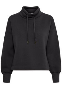 Sudadera negra con cuello alto doblado, cuello con cordón ajustable y puños elásticos. Fabricada con tejido suave y con un corte holgado.