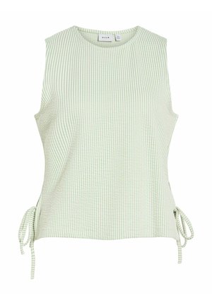 Haut sans manches vert clair côtelé avec encolure ronde et liens latéraux, tissu texturé, style décontracté.