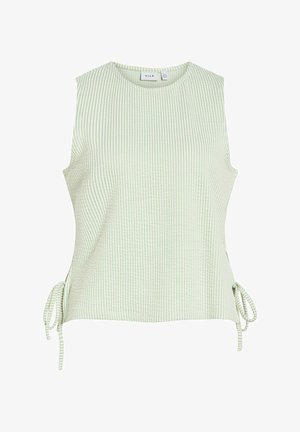 Hihaton vaaleanvihreä ribbineulottu toppi pyöreällä pääntiellä ja sivunauhoilla, teksturoitu kangas, rento tyyli.