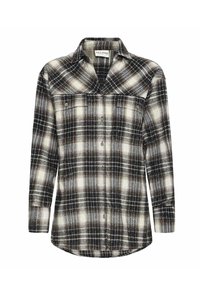 Sort-hvid ternet flannel skjorte med lange ærmer, en spids krave, to brystlommer og en buet kant. Knapper ned foran.
