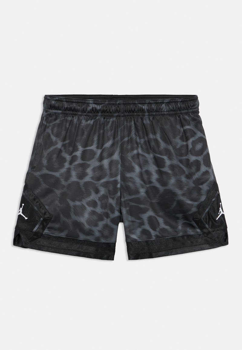 Mustade ja hallide leopardimusterlööbidega lühikesed püksid, mis on valmistatud kergest kangast, elastse vöökohaga ja valgete brändisiltidega. Omavad võrkmaterjalist külgpaneeli.