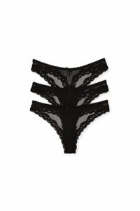 Schwarze Spitzenstring-Unterwäsche mit gerippter Textur, gewellten Kanten und kleinen Schleifen an der Front, verkauft im Set von drei.