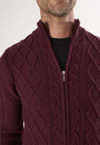 Mann in einem burgunderfarbigen, gestrickten Reißverschluss-Pullover über einem schwarzen Hemd, mit strukturierten Strickmustern und einem teilweise offenen Kragen.