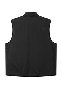 Chaleco negro sin mangas con un cuello alto, tela lisa y un texto de marca sutil en la parte trasera derecha.