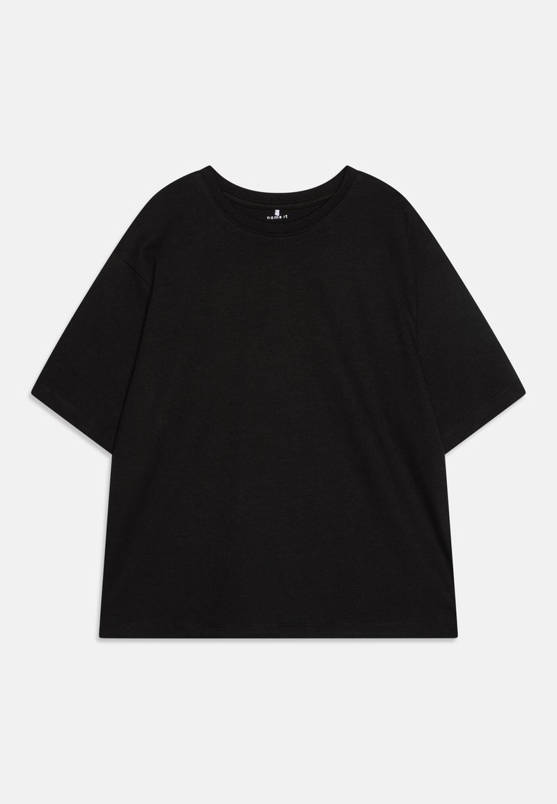 T-shirt oversized preto de manga curta com decote redondo, feito de tecido suave, apresentando um design simples sem padrões ou detalhes visíveis.