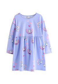 Ljuslila bomullsklänning med långa ärmar, prydd med mönster av fjärilar och hjärtan i rosa och blått. Design med insvängt midja.