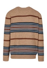 Beżowy sweter dziany z poziomymi paskami w kolorze brązowym, granatowym i jasnoniebieskim. Posiada okrągły dekolt oraz ściągacze przy rękawach i na dole.