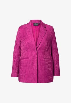 Fuchsia blazer med en struktureret, krøllet overflade. Har en notch-lapel, to frontlommer og en enkelt knaplukning. Foret inderside.