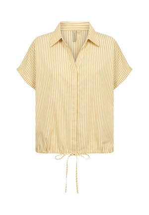 Blusa a righe verticali gialle e bianche a maniche corte con colletto, scollo a V e orlo con coulisse regolabile.