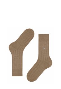 Calzini a coste marroni realizzati in un tessuto morbido con un design della punta senza cuciture e un piccolo logo dettagliato sulla caviglia. Adatti per un abbigliamento informale.