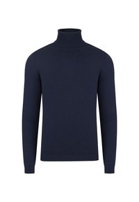 Navy niebieski sweter z golfem, wykonany z miękkiej, prążkowanej dzianiny. Posiada długie rękawy i dopasowany krój, idealny do noszenia na co dzień lub jako element warstwowy.