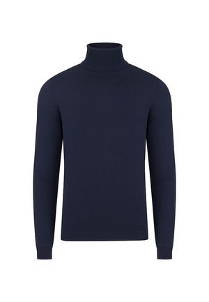 Navy niebieski sweter z golfem, wykonany z miękkiej, prążkowanej dzianiny. Posiada długie rękawy i dopasowany krój, idealny do noszenia na co dzień lub jako element warstwowy.