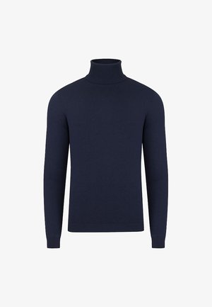 Navy niebieski sweter z golfem, wykonany z miękkiej, prążkowanej dzianiny. Posiada długie rękawy i dopasowany krój, idealny do noszenia na co dzień lub jako element warstwowy.