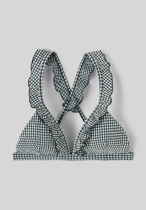 Haut de bikini triangle à carreaux bleu marine et blanc avec bords volants et lanières croisées, confectionné en tissu texturé.