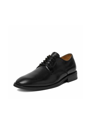 Zapato formal de hombre de cuero negro con diseño de cordones y tacón bajo, mostrado en ángulo sobre un fondo blanco.