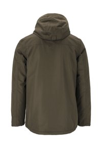 Olivgrön vattentät jacka med huva, med rak skärning, slät textur och sömlös design. Dolda zip-fickor på sidorna.