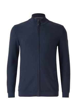 Marineblauw gebreide heren trui met volledige ritssluiting, geribbelde kraag, manchetten, zoom en twee steekzakken aan de voorkant.