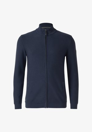 Granatowy sweter męski na pełny zamek, wykonany z dzianiny, z prążkowanym kołnierzem, mankietami, dołem i dwoma przednimi kieszeniami.