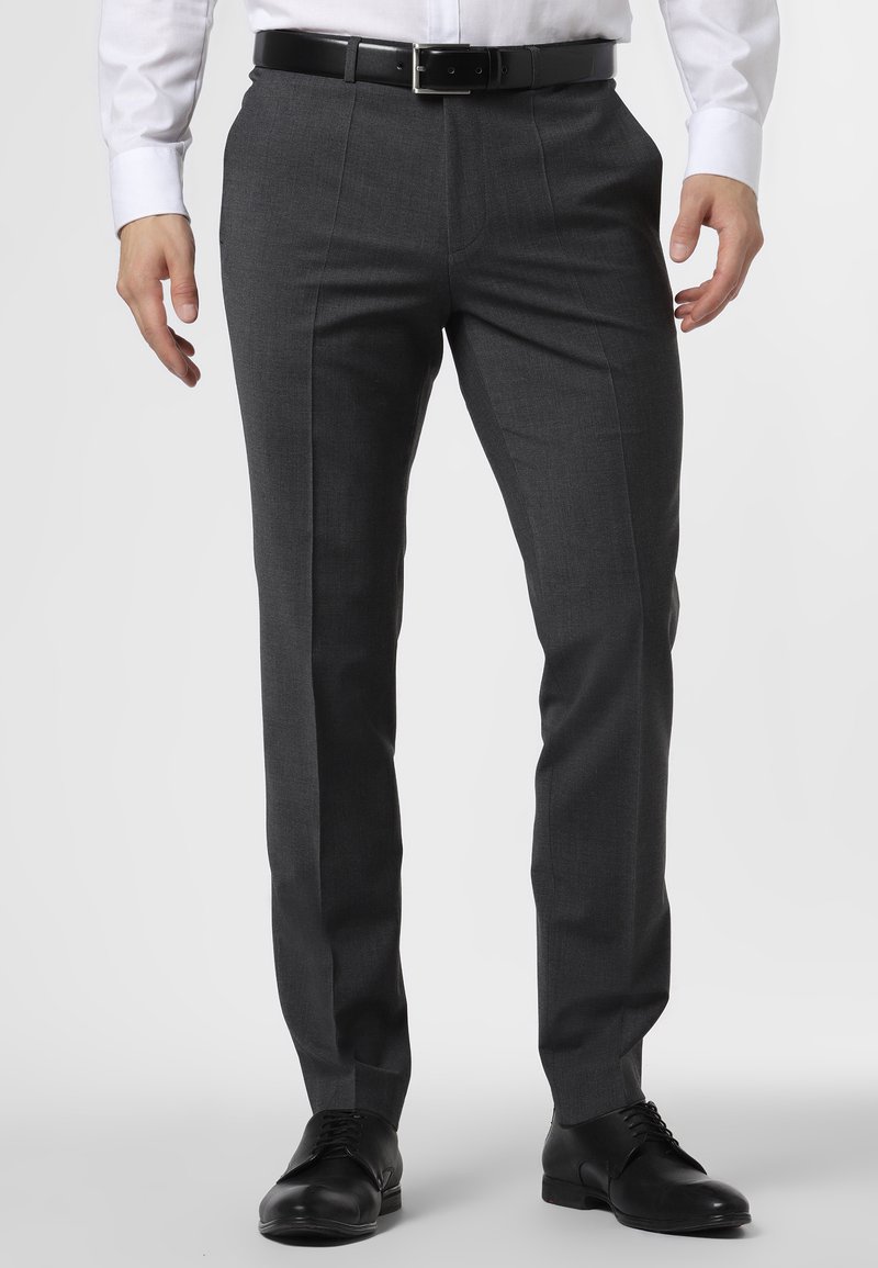 Gray tailored trousers with a smooth texture, straight leg design, and a crease down the front. Paired with black leather shoes.