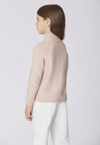 Maglione lavorato a maglia rosa chiaro con collo alto, polsini e orlo a coste, caratterizzato da una vestibilità comoda e tessuto testurizzato. Modello mostrato di spalle.