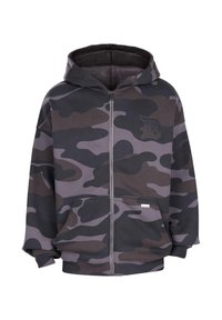 Foran udsigt af en mørkegrå og sort camouflage zip-up hættetrøje med hætte og frontlommer, der har et broderet "D" logo på brystet.