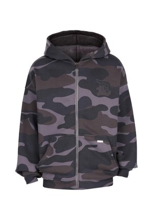 Vooraanzicht van een donkergrijze en zwarte camouflage zip-up hoodie met een capuchon en voorzakken, met een geborduurd "D"-logo op de borst.