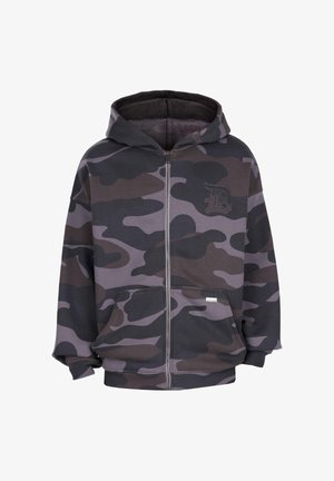 Vooraanzicht van een donkergrijze en zwarte camouflage zip-up hoodie met een capuchon en voorzakken, met een geborduurd "D"-logo op de borst.