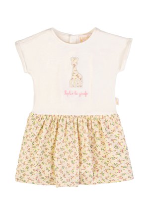 Vestito da neonato crema a maniche corte con gonna floreale e applicazione di una giraffa sopra un testo rosa con scritto "Sophie la girafe."