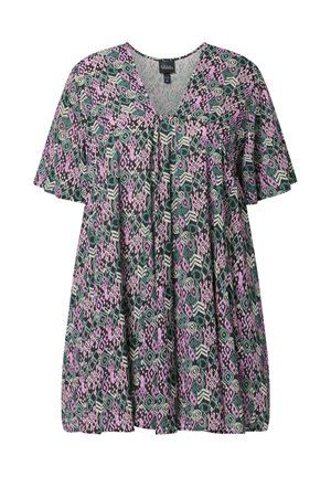 Tunica larga a maniche corte con scollo a V in nero, rosa e verde con motivo geometrico.