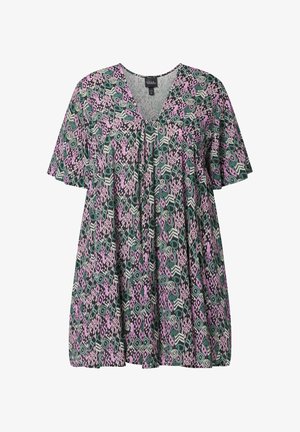 Tunica larga a maniche corte con scollo a V in nero, rosa e verde con motivo geometrico.