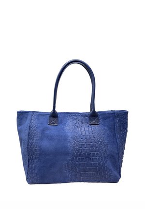 Borsa a mano in suede blu con motivo coccodrillo testurizzato e due manici arrotondati.