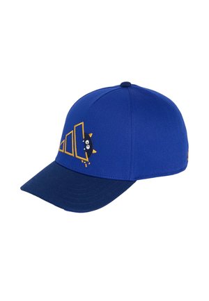 Blaues Baseballcap mit dunkelblauem Schirm und gelbem geometrischem Design mit einer Comic-Schwarzen Katze, die auf dem Vorderpanel hervorlugt.