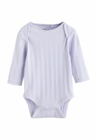 Helelilla soonikkoes pikkade varrukatega bodi, millel on ümar kaelus ja lihtsaks riietamiseks alumistel kinnitused.