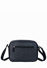 Borsa a tracolla nera con motivo logo ripetuto, forma rettangolare, texture liscia, tracolla regolabile e tasca frontale con zip.