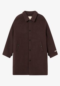 Brown wool coat with a collar, button closure, and two front pockets. Features raglan sleeves and a subtle logo accent on the sleeve.