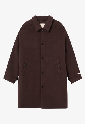 Brown wool coat with a collar, button closure, and two front pockets. Features raglan sleeves and a subtle logo accent on the sleeve.