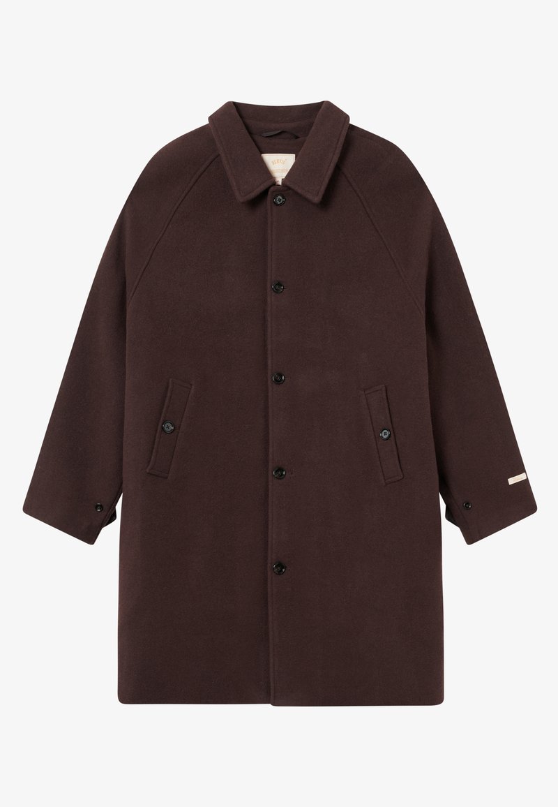 Brown wool coat with a collar, button closure, and two front pockets. Features raglan sleeves and a subtle logo accent on the sleeve.