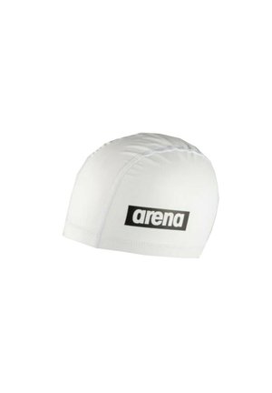 Cuffia da nuoto bianca con logo rettangolare nero "arena" sul lato, realizzata in materiale liscio ed elastico.