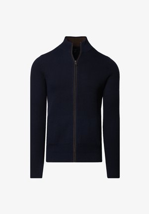 Granatowy sweter zapinany na zamek z teksturowanym splotem, wysokim kołnierzem i kontrastowym brązowym zamkiem. Posiada długie rękawy i dopasowany krój.