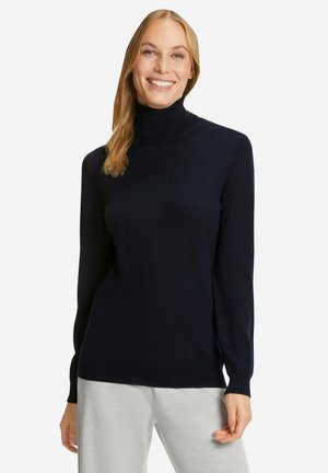 Dunkelblauer Rollkragenpullover mit enganliegendem Design, langen Ärmeln und Rippakzenten am Kragen und Saum, aus einem gestrickten Material.